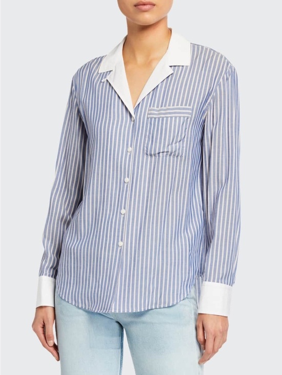 rag & bone Tops - Rag & Bone Amelia Blue and White Striped Long Sleeve Notched Collar Shirt